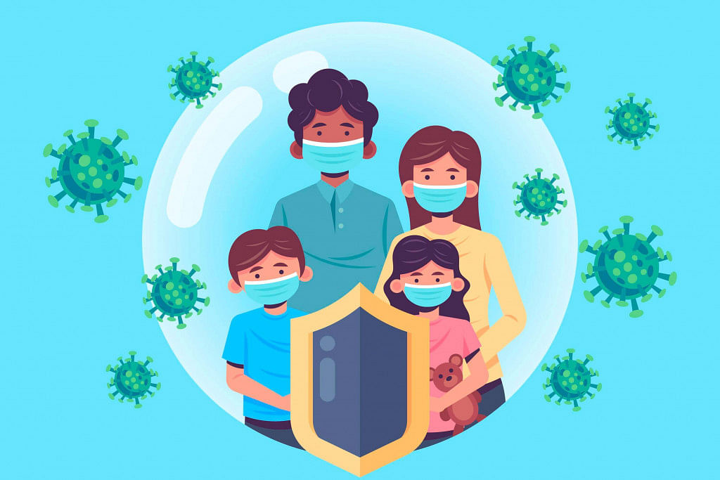 Family wearing mask for protection