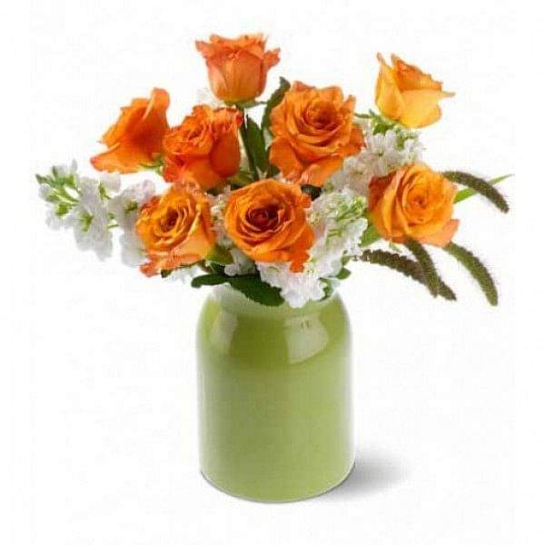 8 Orange Roses and 4 White Glads Bunch