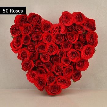 Heart Shaped Arrangement of 50 Red Roses