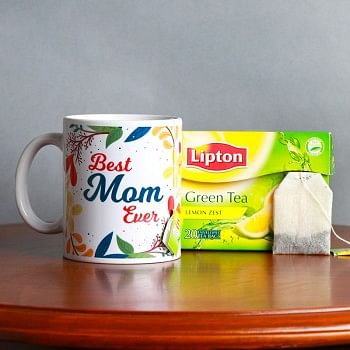 One " Best Mom Ever" Printed Theme White Handle Mug with One Packet of Lipton Green Tea
