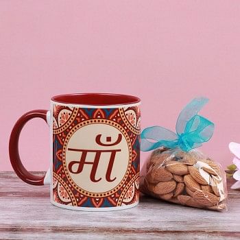 One Ma Printed Ethnic Mehroon Handle Mug with Almond Pack