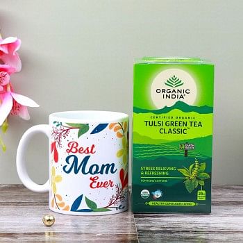 One " Best Mom Ever" Printed Theme White Handle Mug (350 ml) and One Pack of Organic Tulsi Green Tea