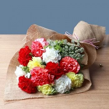 12 Assorted Carnations (Yellow,White,Red and Pink) with Jute Packing