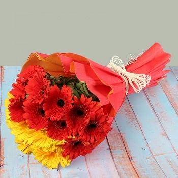 15 Gerberas (7 yellow+8 Red) in Paper Packing