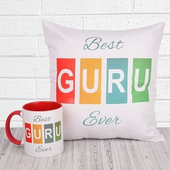 Best Guru Ever Combo Printed Cushion and Coffee Mug for Teacher