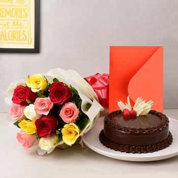 12 Mix Roses in Paper Packing with Half Kg Chocolate Cake and Greeting Card 