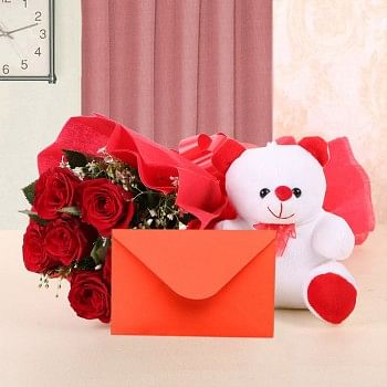 6 Red Rose with Greeting Card (As per occasion) and Teddy Bear