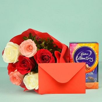6 Colorful roses with Cadbury Celebration (61.3 gm) and a Greeting Card 