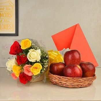 10 Colorful Roses in Cellophane Packing with 1 Kg Fresh Apples in a Basket and a greeting card
