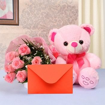 8 Pink Roses in Paper packing with Teddy Bear (10 inch) and a Greeting Card