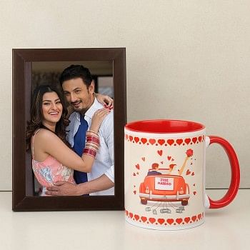 One Printed Quote Red Handle Ceramic Coffee Mug with Small Photo Frame for Married Couple
