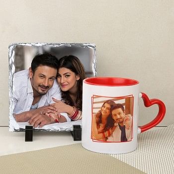 Customized Combo Of Heart Handle Red Mug and Photo Stone for Husband