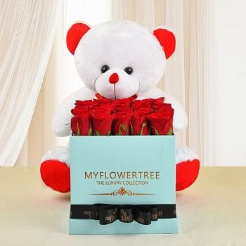 30 red roses in blue box tied with black ribbon -with Teddy Bear (18 inch)