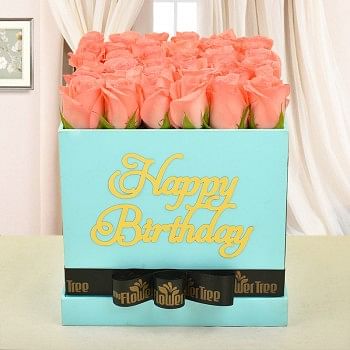 30 baby pink roses in happy birthday blue box tied with black ribbon