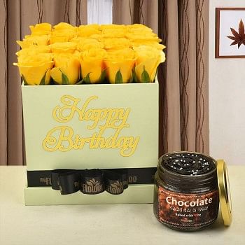 30 yellow roses in happy birthday lime green box tied with black ribbon with Chocolate truffle cake in a jar