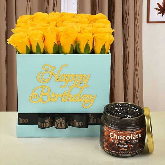 30 yellow roses in happy birthday blue box tied with black ribbon with Chocolate truffle cake in a jar