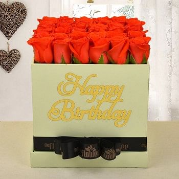 30 orange roses in happy birthday lime green box tied with black ribbon