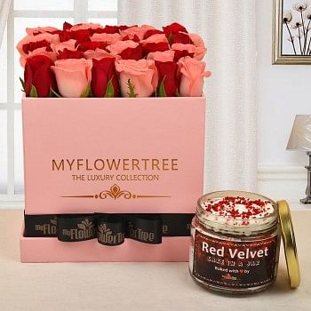 30 baby pink and red roses in MFT pink box tied with black ribbon with Red Velvet cake jar