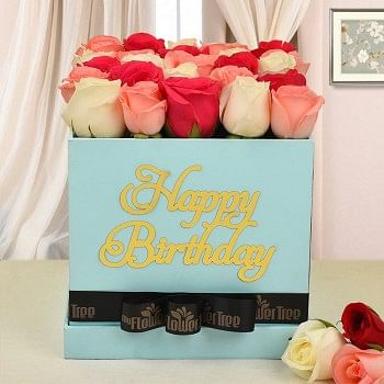 0 mix roses(white, baby pink, dark pink roses) in happy birthday MFT blue box