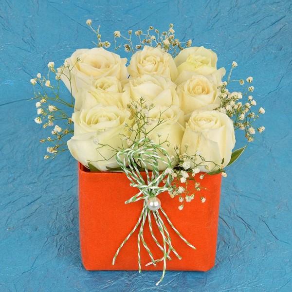 Roses in Square Glass Vase