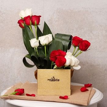 16 (Red and White) Roses Arrangement in Golden Luxury Box