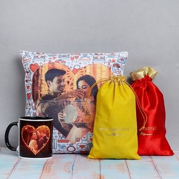 Set of Karwa Chauth Personalised Cushion and Mug with 100 gm Almond and 100gm Cashew Nut