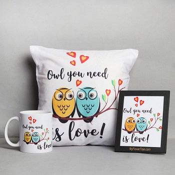 Couple Owl Printed Coffee Mug, Cushion and a Postcard