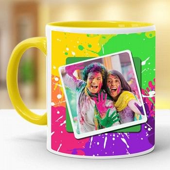 One Personalised Photo Printed Ceramic Yellow Handle Coffee Mug for Holi