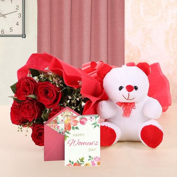  6 Red Roses with 1 Teddy Bear (6inches) and 1 Women's Day Greeting Card