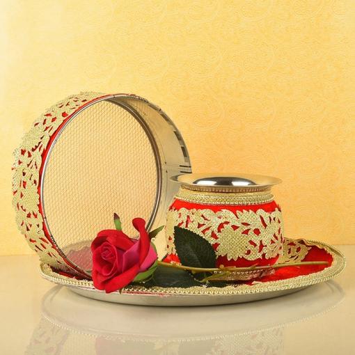 Red n Golden Karwa Chauth Thali Combo