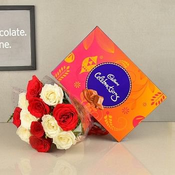 12 Red and White Roses in Cellophane Packing with Cadbury's Celebrations (131.3 gms)
