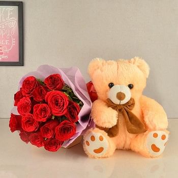 12 Red Roses with Teddy Bear (12inches)