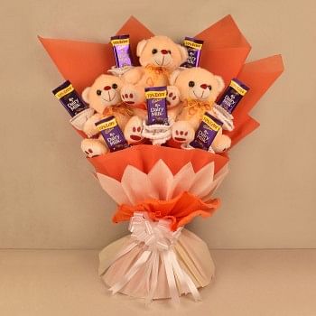 Bouquet of 6 inches 3 Teddy and 6 Dairy Milk 13.2 gm Chocolates in Paper Packing