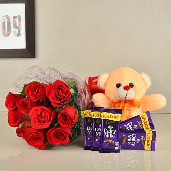 10 Red Roses with Teddy bear (6 inch) and 5 Dairy Milk (13.2 gm)