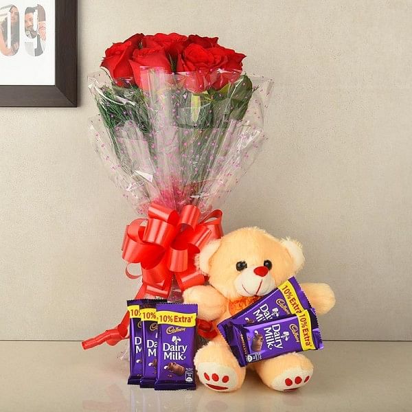 Red Flowers with Chocolate and Teddy