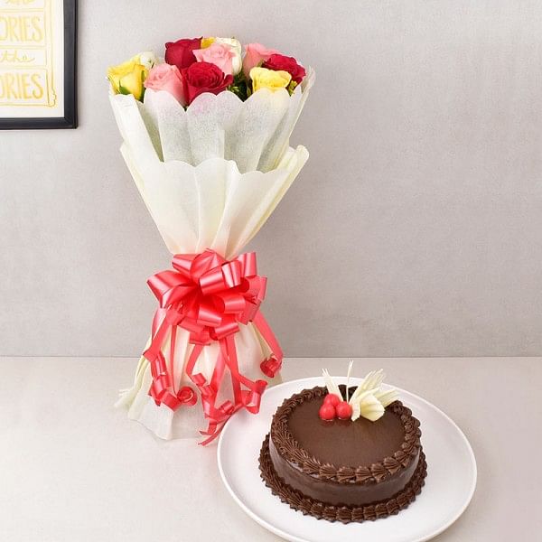 Mixed Roses with Chocolate Truffle Cake