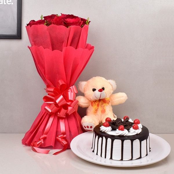 Red Roses with Black Forest Cake and Teddy Bear