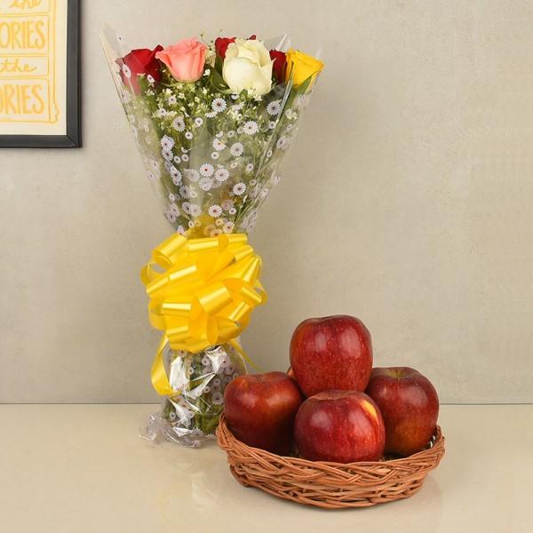 Mixed Roses with Fresh Fruits Basket