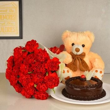 20 Red Carnations with Half Kg Chocolate Cake and Teddy ( 12 inches)