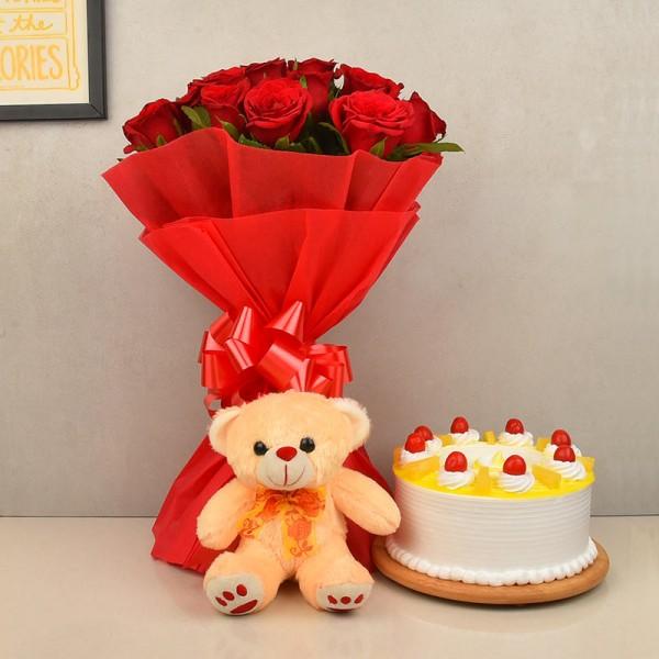 Flowers Cake with Teddy Bouquet Combo