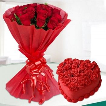  20 Red Roses with 1 Kg Heart Shape Red Velvet Cake in Red Paper Packing
