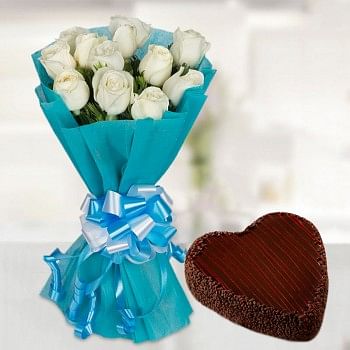 12 White Roses with 1 Kg Heart Shape Chocochip Chocolate Cake - Blue Paper Packing 