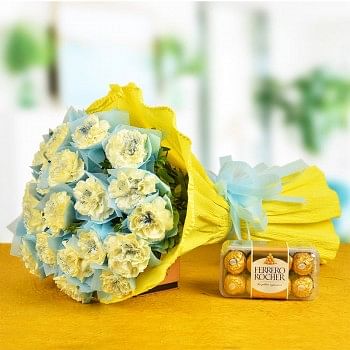 20 Yellow Carnations with 16 pcs Ferrero Rocher