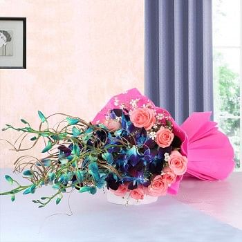 6 Blue Orchids with 12 Pink Roses in Pink Paper packing