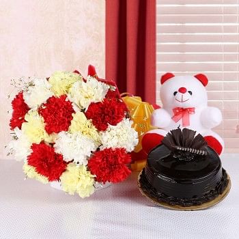 15 Carnations (Yellow, White and Red) in Red Paper packing with Chocolate Truffle Cake (Half Kg) and Teddy Bear (6 inches)