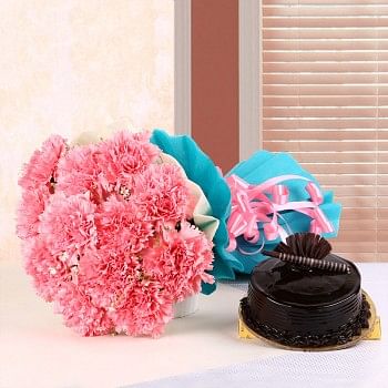 12 Pink Carnations in Blue and White Paper Packing with Half Kg Chocolate Truffle Cake