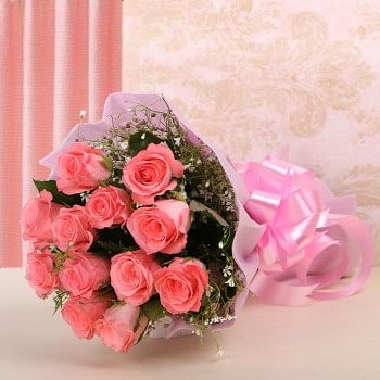 12 Pink Roses in Pink Paper