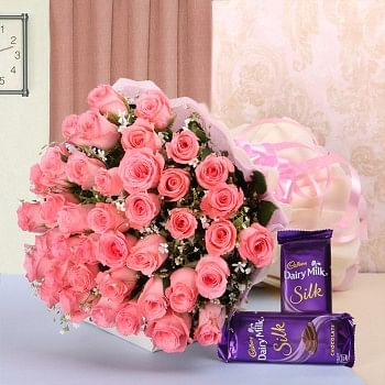 40 Pink Roses in White and Pink Paper with 2 Cadbury's Silk (60gms each)