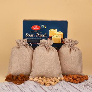 Soan Papdi N Dry Fruits Jute Potli