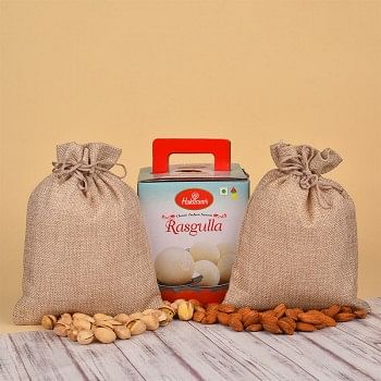 Rasgulla with Dryfruits Potli of Almond and Cashew